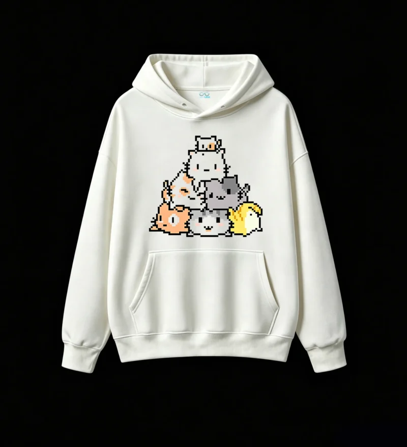 Buzo con Capucha Algodón Estampado Pixel Art Gatos Kawaii Diseño Unico