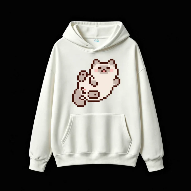 主图_2 Buzo con Capucha Algodón Estampado Gato Pixel Art Kawaii Gamer Premium