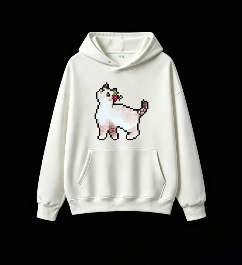 主图_2 Buzo con Capucha Algodón Estampado Gato Flores Premium Casual Trendy