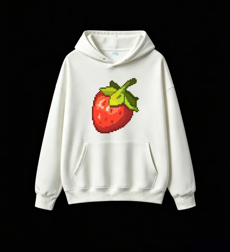 主图_2 Buzo con Capucha Algodón Estampado Frutilla Pixel Art Diseño Gamer