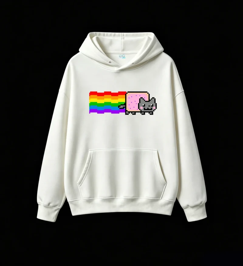 主图_2 Buzo con Capucha Algodón Estampado Nyan Cat Arcoíris Pixel Art Premium