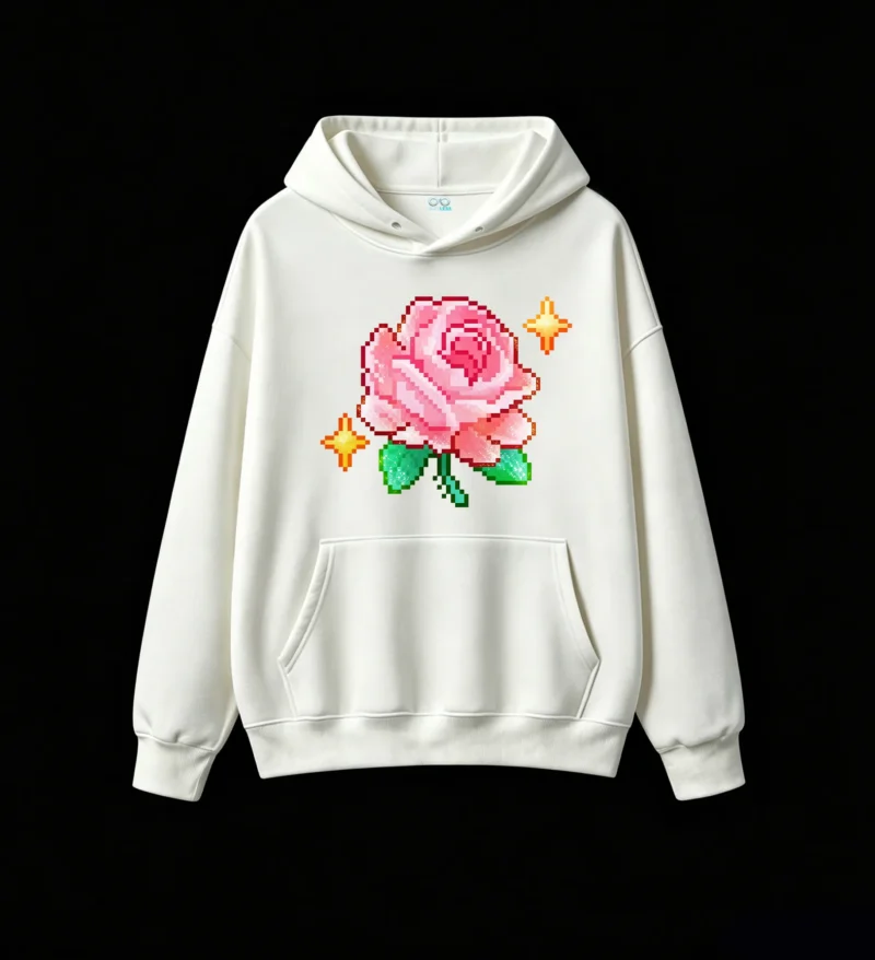 Buzo con Capucha Algodón Estampado Rosa Pixel Art Diseño Aesthetic