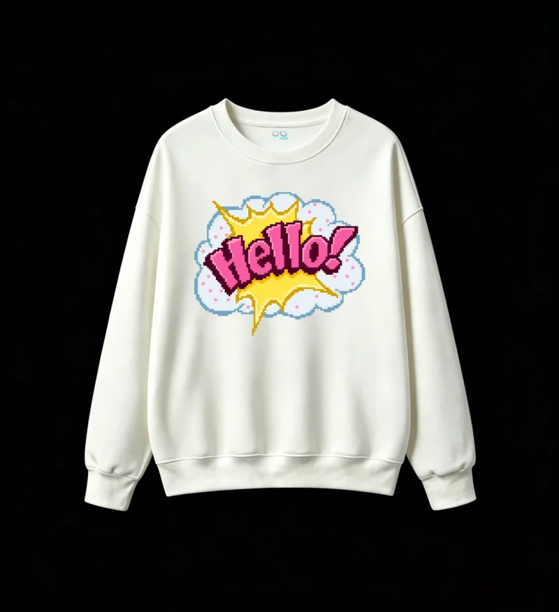 Buzo cuello redondo Algodón Estampado Hello Diseño Pixel Art Estilo Pop
