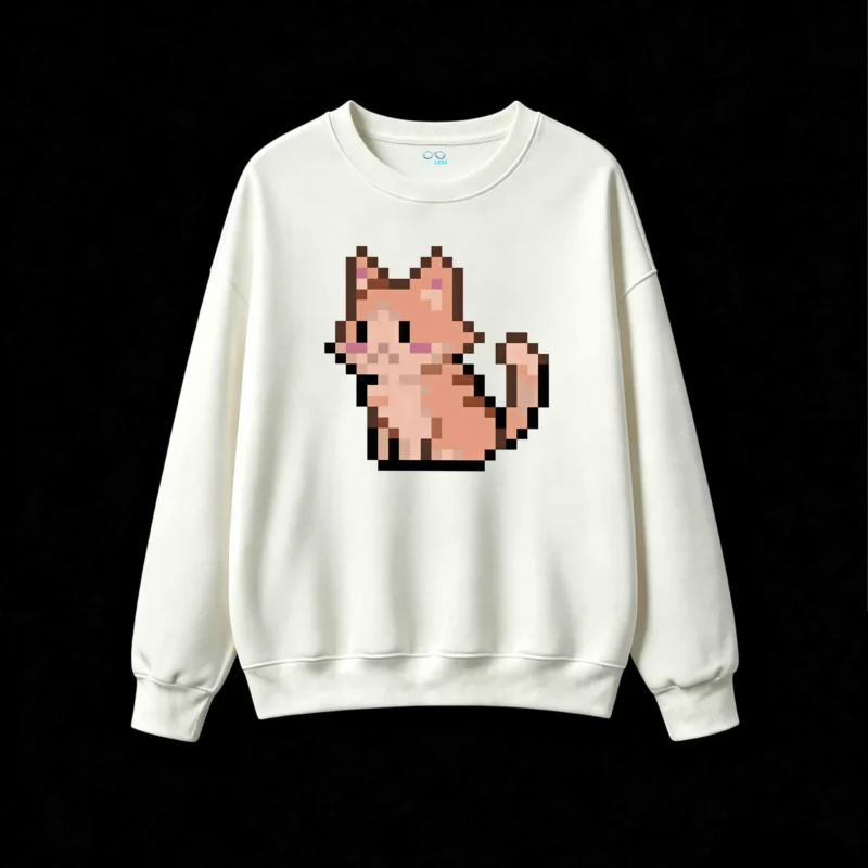 Buzo cuello redondo Algodón Estampado Gato Pixel Art Kawaii Urbano Trend