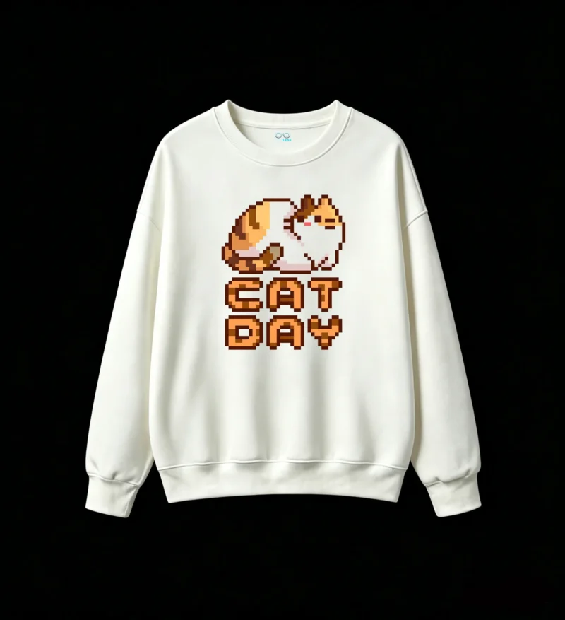 Buzo cuello redondo Algodón Estampado Pixel Art Gato Casual Premium