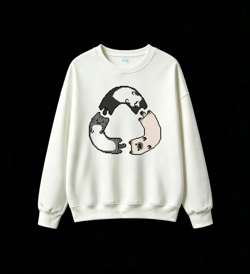 Buzo cuello redondo Algodón Estampado Gatos Pixel Art Casual Premium