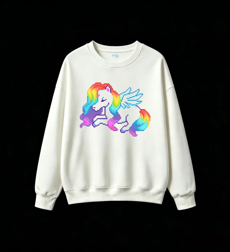 Buzo cuello redondo Algodón Estampado Pixel Art Arcoíris Retro Premium