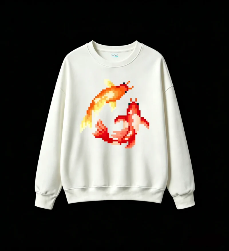 Buzo cuello redondo Algodón Estampado Peces Koi Pixel Art Estilo Japonés