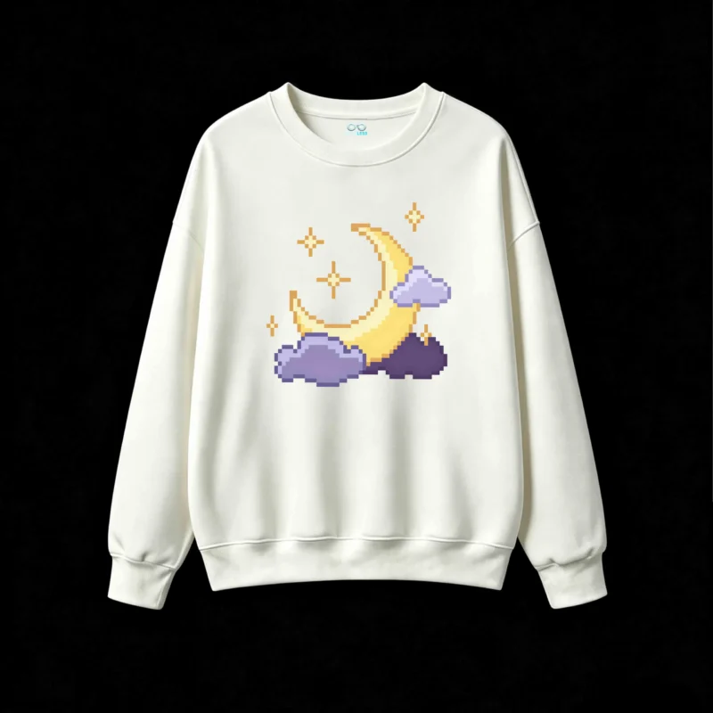 Buzo cuello redondo Algodón Estampado Pixel Art Luna Noche Vintage Top
