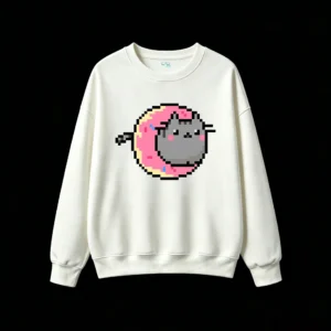 Buzo cuello redondo Algodón Gato Pixel Art Donut Kawaii Diseño Premium
