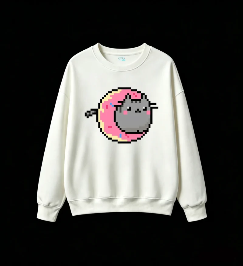 主图_2 Buzo cuello redondo Algodón Gato Pixel Art Donut Kawaii Diseño Premium