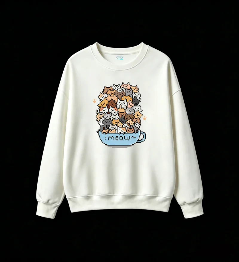 Buzo cuello redondo Algodón Estampado Gatos Pixel Art Diseño Kawaii Oferta