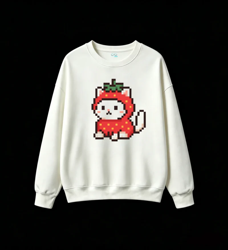 Buzo cuello redondo Algodón Estampado Pixel Art Gatito Frutilla Kawaii