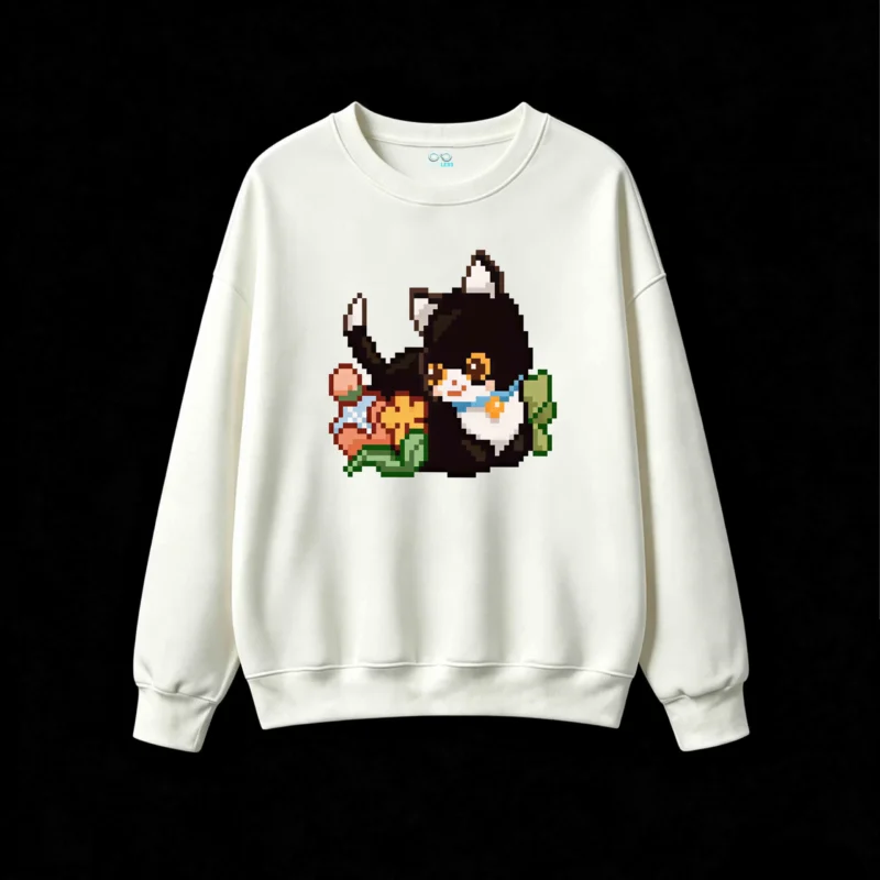 Buzo cuello redondo Algodón Estampado Pixel Art Gato Kawaii Premium