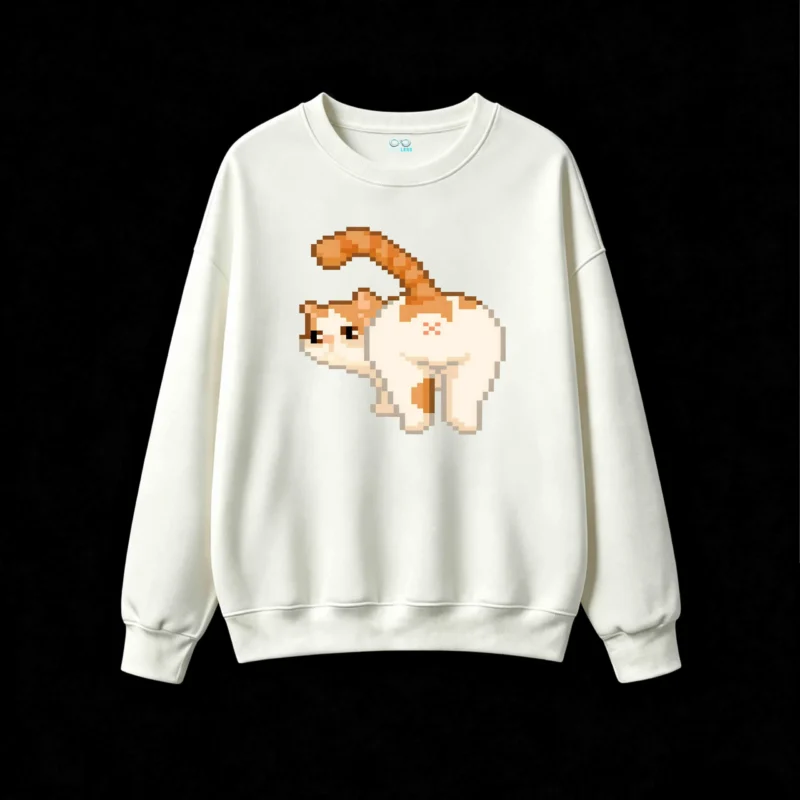 Buzo cuello redondo Algodón Estampado Gato Pixel Art Diseño Divertido