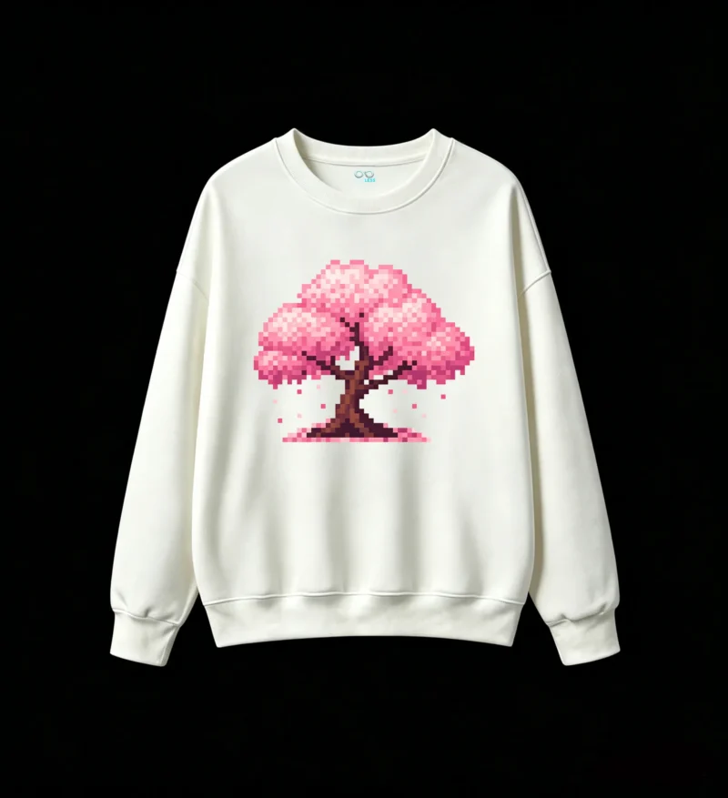Buzo cuello redondo Algodón Estampado Árbol Sakura Pixel Art Premium