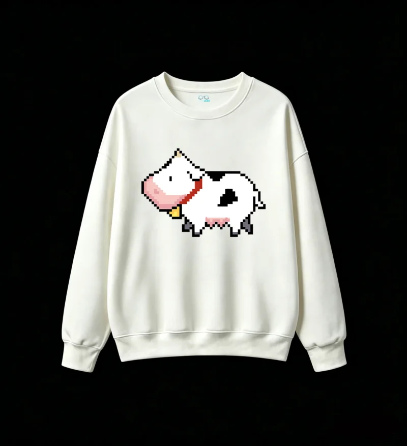 Buzo cuello redondo Algodón Estampado Vaca Pixel Art Estilo Kawaii Trend
