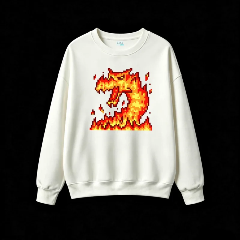 Buzo cuello redondo Algodón Estampado Dragón Fuego Pixel Art Oversize