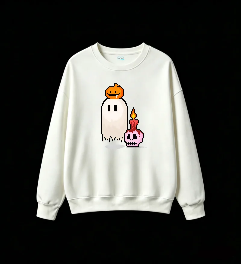 Buzo cuello redondo Algodón Estampado Pixel Art Halloween Fantasma Calavera