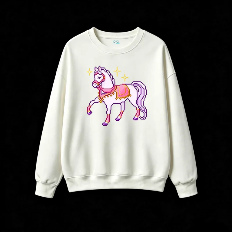 Buzo cuello redondo Algodón Estampado Caballo Pixel Art Estilo Y2K Moda