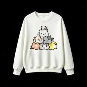 Buzo cuello redondo Algodón Estampado Pixel Art Gatos Kawaii Trendy