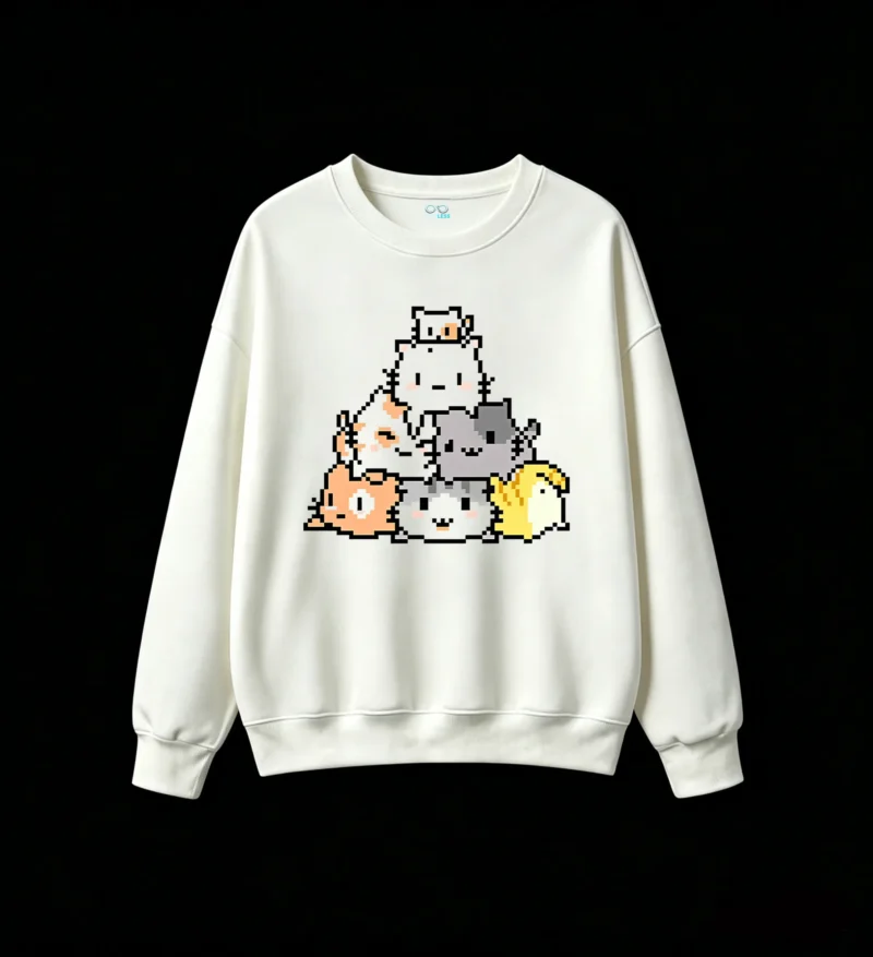 Buzo cuello redondo Algodón Estampado Pixel Art Gatos Kawaii Trendy