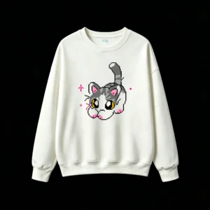 Buzo cuello redondo Algodón Estampado Pixel Art Gato Estilo Y2K Casual