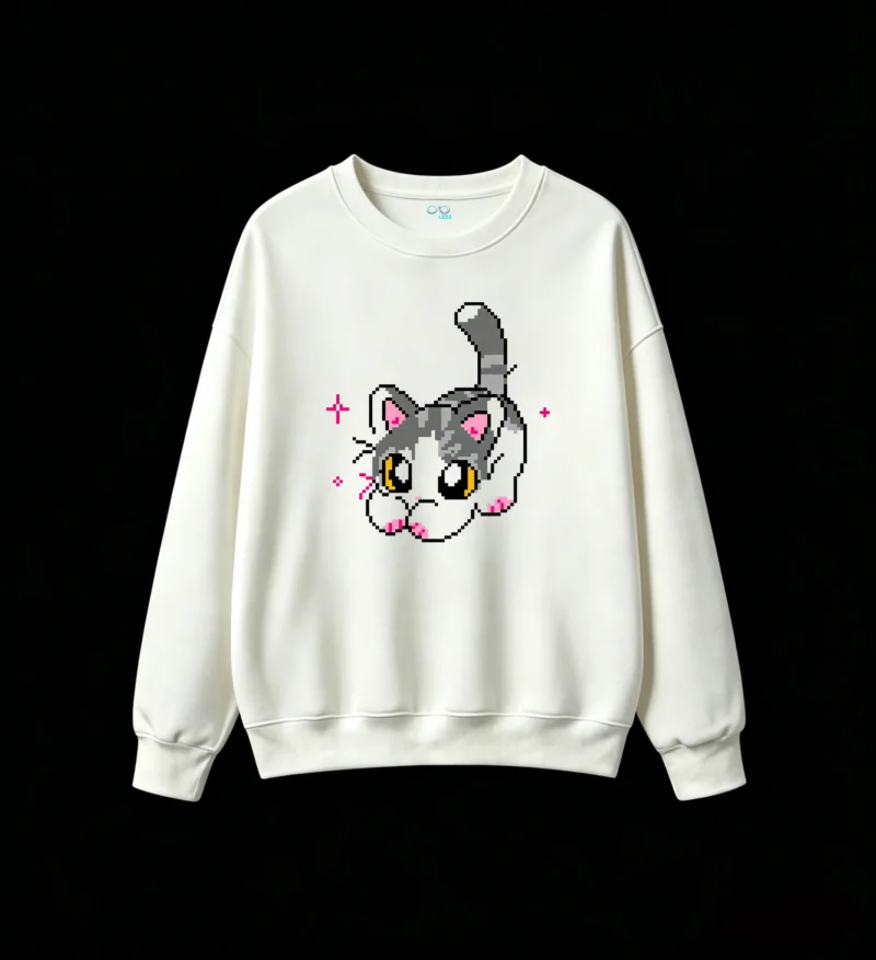 Buzo cuello redondo Algodón Estampado Pixel Art Gato Estilo Y2K Casual