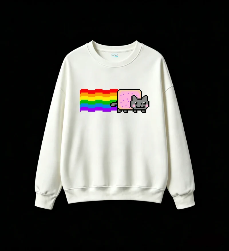 Buzo cuello redondo Algodón Estampado Nyan Cat Pixel Art Arcoíris Premium