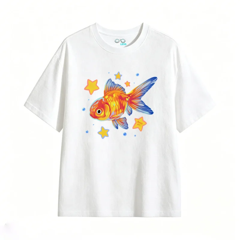 主图_2 Remera Algodón Estampado Pez Dorado Estilo Artístico Casual