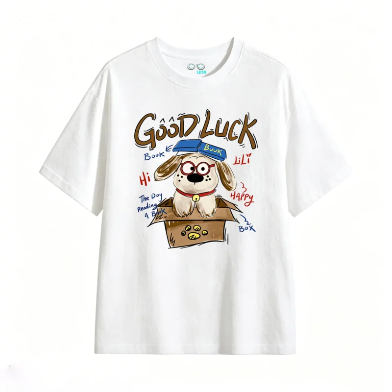 Remera Algodón Estampado Good Luck Perro Lector Casual Moda