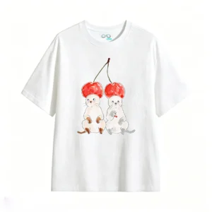 主图_2 Remera Algodón Estampado Gatos Cerezas Diseño Kawaii Trendy