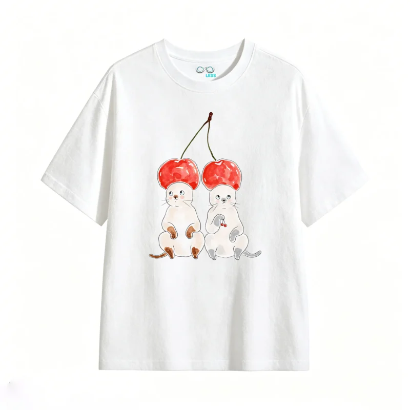 主图_2 Remera Algodón Estampado Gatos Cerezas Diseño Kawaii Trendy