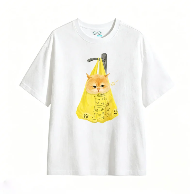 Remera Algodón Estampado Gato Bolsa Amarillo Oversize Premium
