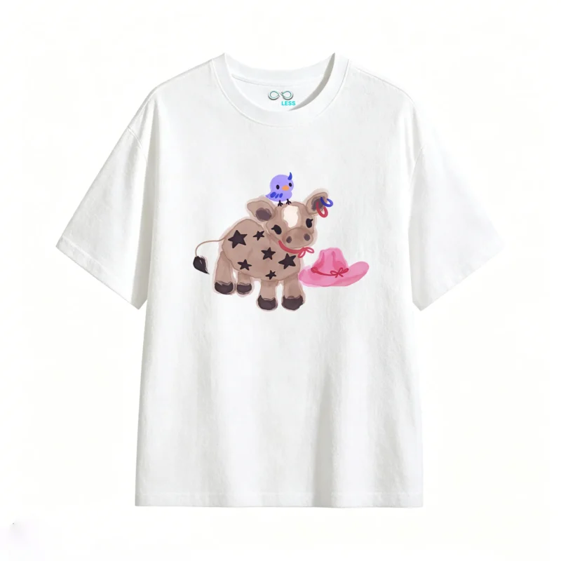 Remera Algodón Estampado Vaquera Vaca Estrellas Kawaii