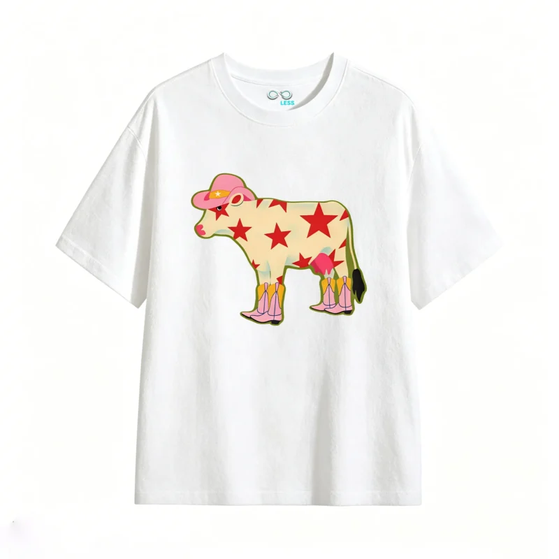 Remera Algodón Estampado Vaca Cowboy Estrellas Premium