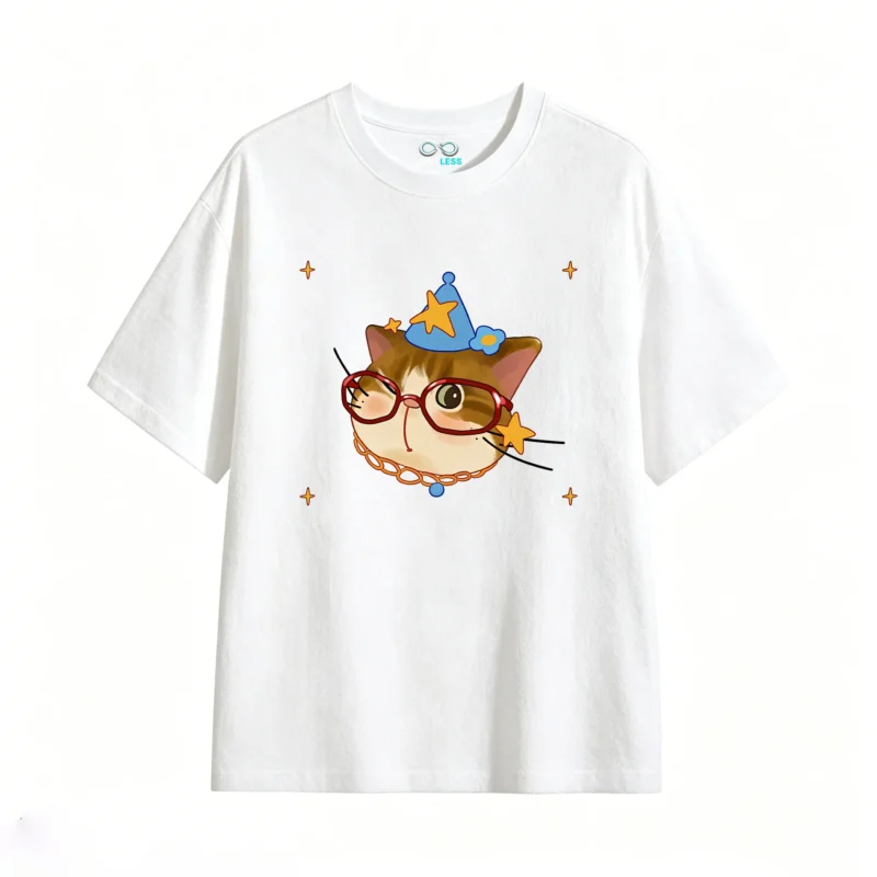 主图_2 Remera Algodón Estampado Gato Mago Lentes Kawaii Oversize