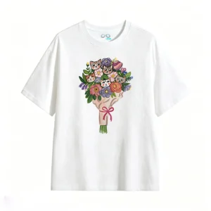 Remera Algodón Ramo Gatos Flores Diseño Kawaii Estampado