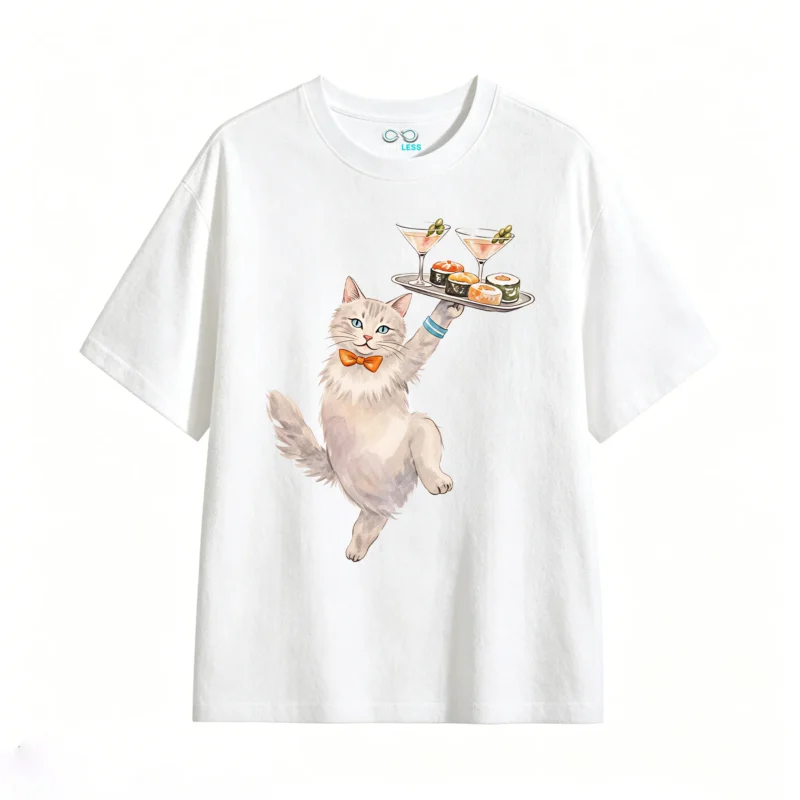 Remera Algodón Estampado Gato Mesero Sushi Premium Kawaii