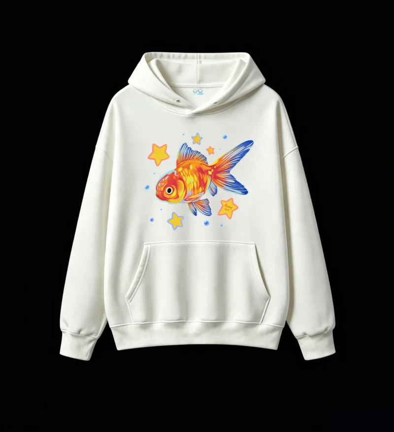 Buzo con Capucha Algodón Estampado Pez Dorado Estilo Artístico Casual