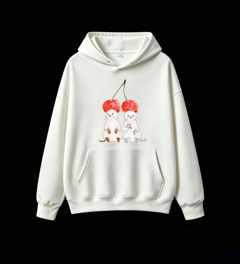 主图_2 Buzo con Capucha Algodón Estampado Gatos Cerezas Diseño Kawaii Trendy