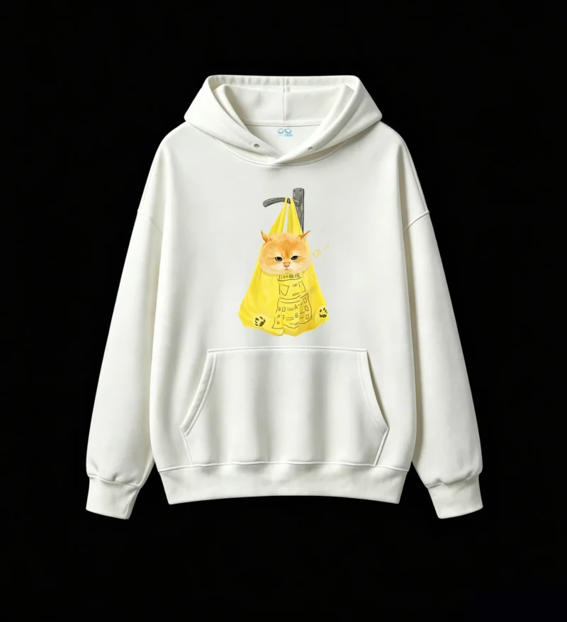 主图_2 Buzo con Capucha Algodón Estampado Gato Bolsa Amarillo Oversize Premium