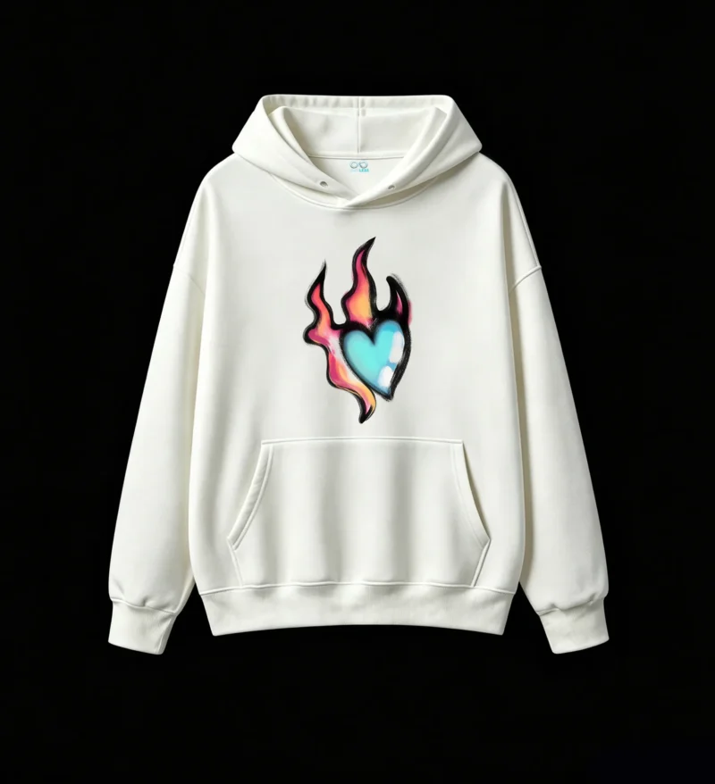 Buzo con Capucha Algodón Estampado Corazón Fuego Diseño Urbano Premium