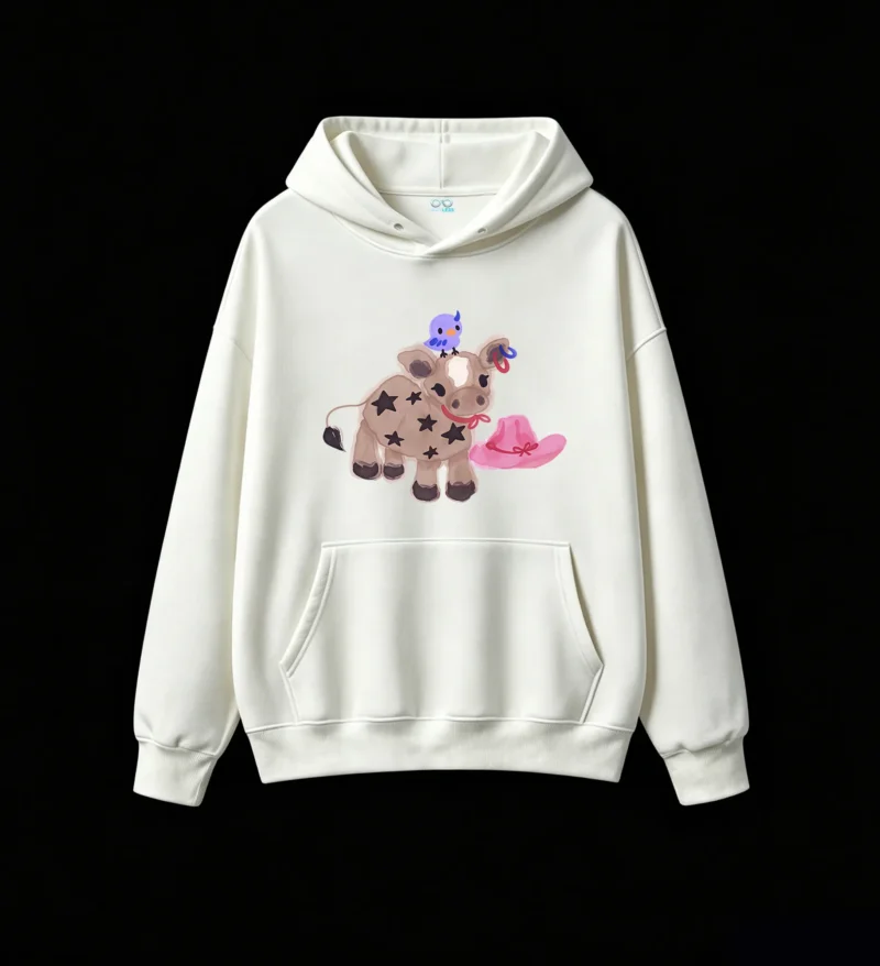 Buzo con Capucha Algodón Estampado Vaquera Vaca Estrellas Kawaii