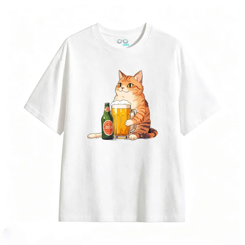 主图_2 Remera Algodón Estampada Gato Cerveza Diseño Original Casual