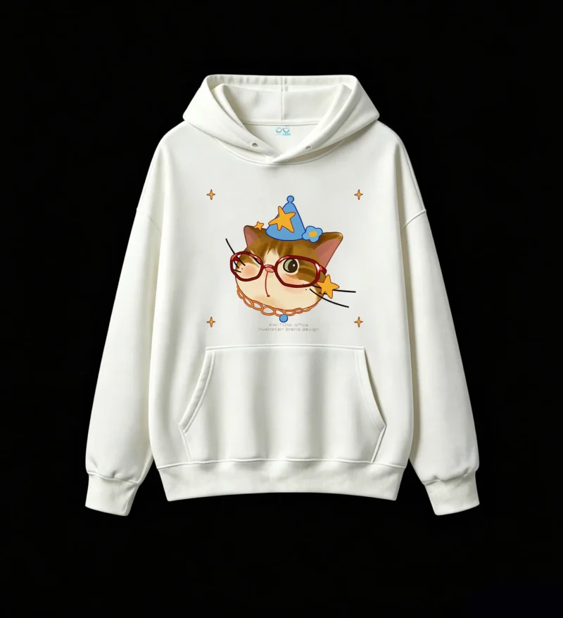 主图_2 Buzo con Capucha Algodón Estampado Gato Mago Lentes Kawaii Oversize