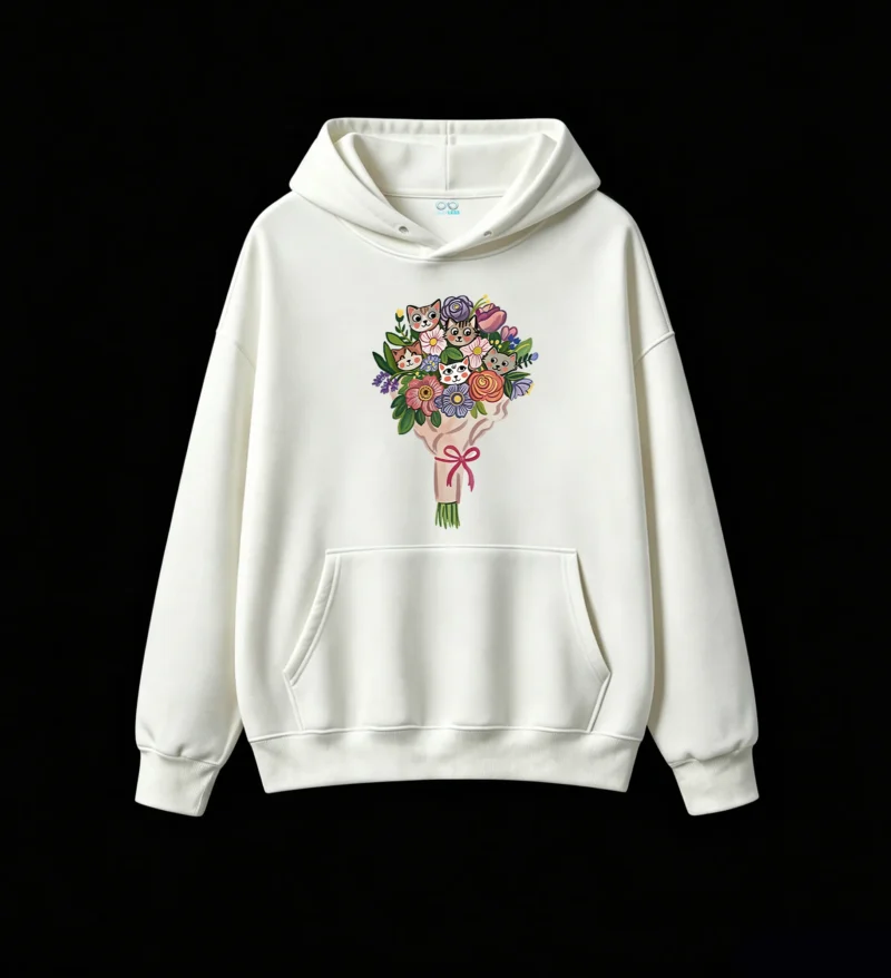 Buzo con Capucha Algodón Ramo Gatos Flores Diseño Kawaii Estampado
