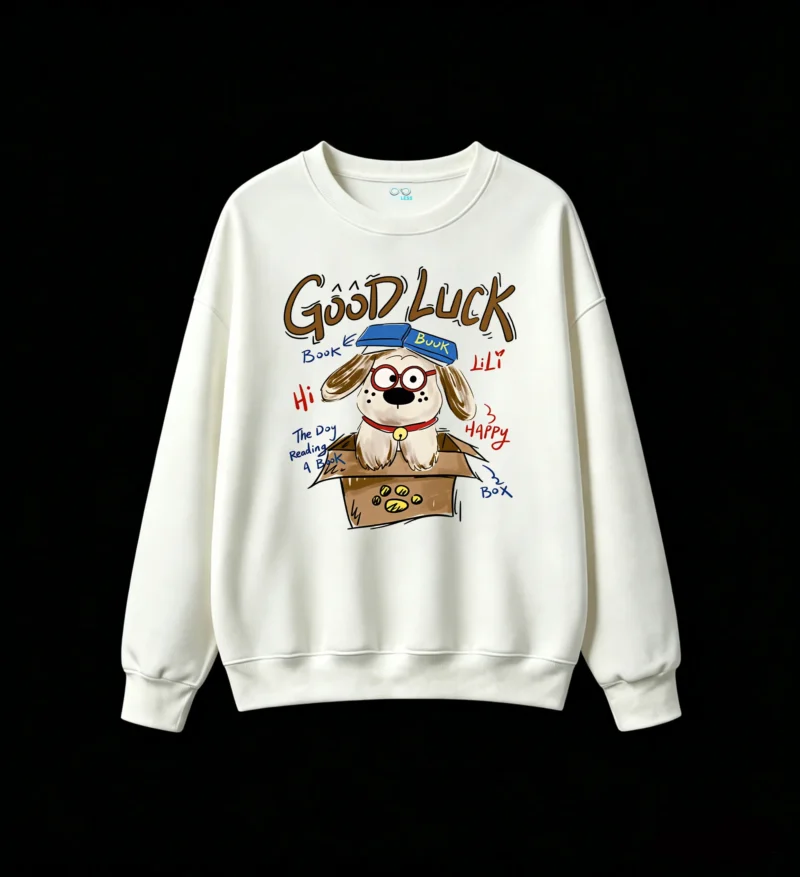 Sudadera Cuello Redondo Algodón Estampado Good Luck Diseño Perro Casual Moda