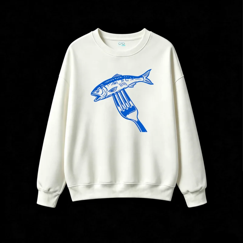 Sudadera Cuello Redondo Algodón Estampado Pescado Tenedor Diseño Premium
