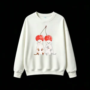 Sudadera Cuello Redondo Algodón Estampado Gatos Cerezas Diseño Kawaii Casual